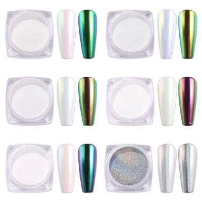Image of AIMEILI Upgrade Chrome Nail Powder, 6 Jar Art Chameleon Mirror Powder Set Pearl Shell Glitter Changing Ombre Holographic Laser Gel Metallic Manicure Pigment