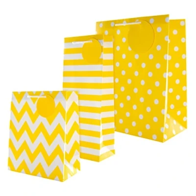 Image of Hallmark Multi Occasion Gift and Bottle Bag Bundle 3 Bags (Large, Medium &amp; Bottle) in Yellow White Designs