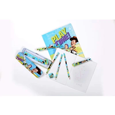 Image of Toy Story 4 Kids Stationery Set Metal Pencil Case, Exercise Book, Colouring Pens, Pencils, Eraser, Sharpener, Ruler