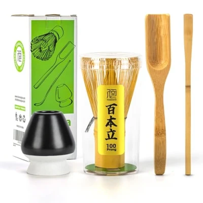 Image of TEANAGOO Japanese Matcha Ceremony Accessory, Whisk (Chasen), Traditional Scoop (Chashaku), Tea Spoon, Matte Black Holder,I4, The Perfect Set to Prepare a Cup of Matcha.