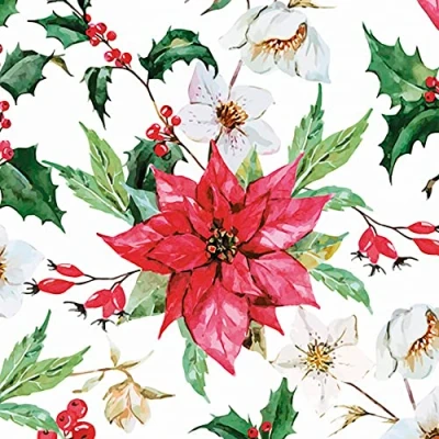 Image of Daisy 3 Ply Xmas Decoupage Tissue Paper Napkins Decorative Christmas Serviettes 33cm x Pack of 20 (Watercolour Poinsettia)