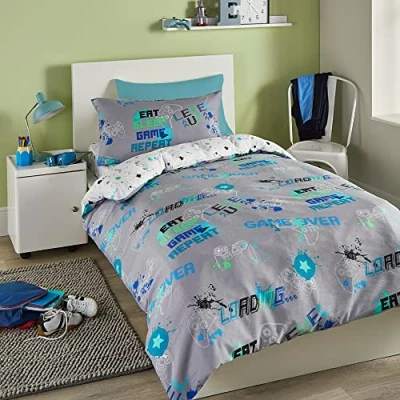 Image of Bedlam Grey Gaming Duvet Cover Double Bedding Size (200 x 200cm) Glow in the Dark Reversible (2 Designs) Gamer Bedroom Accessories