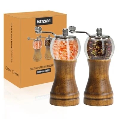 Image of Pepper Grinder， Classical Roast Black Manual Grinder Set，Sea Salt Mill, Retro Style Wood， Acrylic，Ceramic Blades，Metal Handle,Enjoy Best Fresh Ground Spices (2pcs, 6inch)