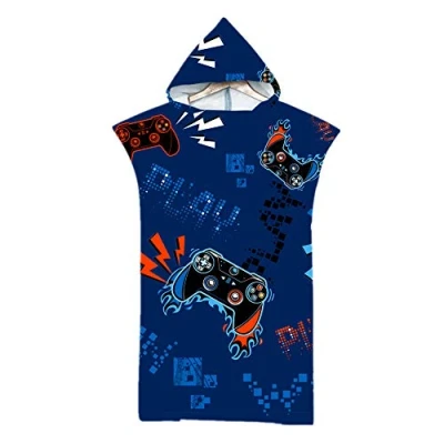 Image of Adults Hooded Towel Poncho,Changing Robe Towel,Men Women Teen Boy Girls Design Beach Poncho,Holidays,Swimming,Surfing,Bathing,Travel Microfibre Swim Towels (Game blue)