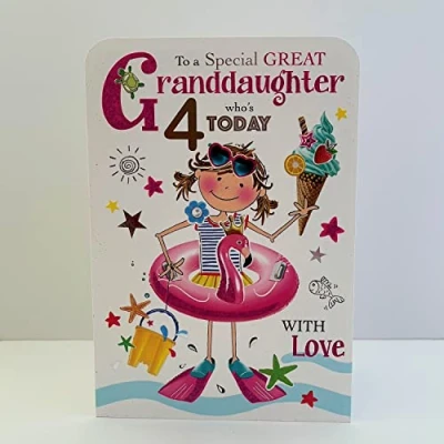 Image of Jonny Javelin Special Great Granddaughter Age 4 Who&#039;s Today Birthday Card Girl Flamingo Rubber Ring Ice Cream