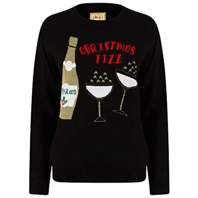 Image of Tokyo Laundry Women&#039;s Christmas Fizz Motif Novelty Jumper in Jet Black 12