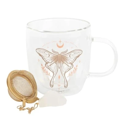 Image of Something Different Wholesale Double Walled Glass Tea Mug with Luna Moth Design &amp; Clear Quartz Crystal Infuser Insulated, Ideal for Loose Leaf Tea, Enhances Flavor Promotes Relaxation