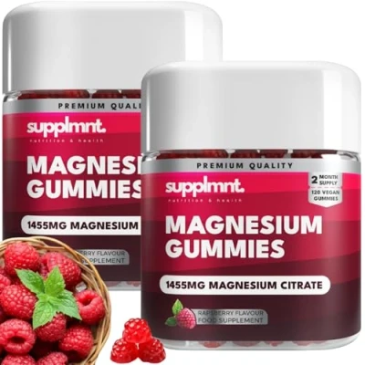 Image of supplmnt. Magnesium Gummies for Adults 120 Raspberry Vegan 1455 Milligram of Citrate Offering 160 Gluten Free Supplement Women &amp; Men Double Pack