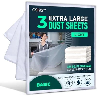 Image of CS 3 Pack Extra Large Plastic Dust Sheets for Decorating 3.6 x 2.7m (12 9ft), Light Sheet Painting &amp; Furniture, Sheeting Tools Cover