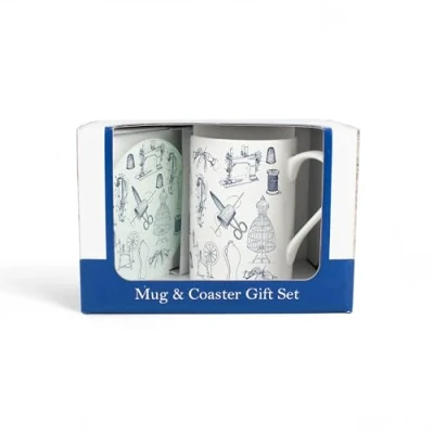Image of Sewing Mug &amp; Coaster Gift Set Vintage Hobbies Textiles Bone China and Glass Tea/Coffee Present