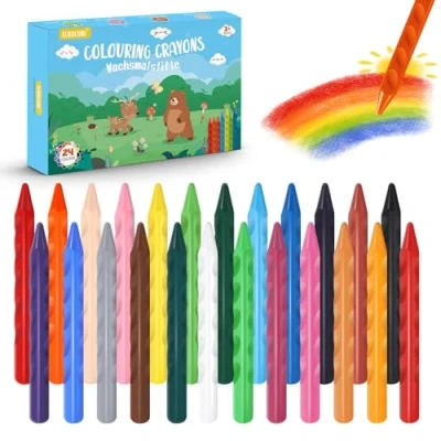 Image of ECHOCUBE 24 Colored Crayons for Children, Easy to Grip Wax Drawing and Crafts, Triangular Washable Set Toddler, Art Supplies Party Bags Fillers