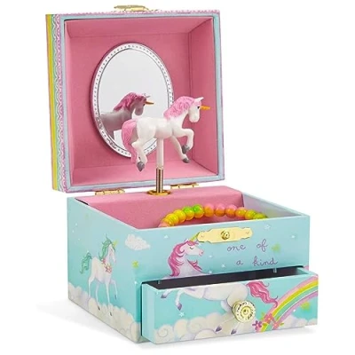 Image of Jewelkeeper Rainbow Unicorn Jewellery Box Gifts for Girls with Spinning Figurine Beautiful Dreamer Melody Delightful Storage Blue and Pink 10.8 x 8.9 cm