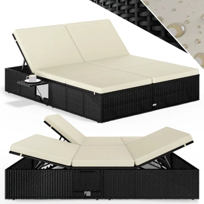 Image of CASARIA® Sun Lounger 2 Person Folding Table Double Weatherproof 7 Way Adjustable Polyrattan Deck Chair Garden Recliner Black Cream 200 x 115 cm