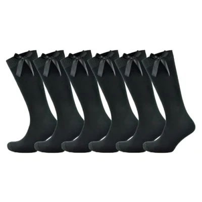 Image of Undercover Ltd Girls 6 Pairs Knee High Socks With Ribbon Bow Black 8 (EU 23 26)