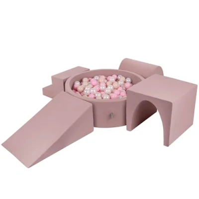 Image of KiddyMoon Foam Playground For Kids With Round Ballpit (200 Balls ∅ 7Cm/2.75In) Soft Obstacles Course And Ball Pool, Heather: Pastel Beige/Powder Pink/Pearl