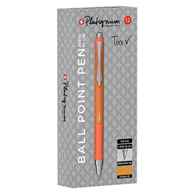 Image of Platignum Tixx Orange Ballpoint Pen [Pack of 12] Soft Grip Barrel with Hybrid Gel Ink for Smudge Free and Ultra Smooth Writing [50493]