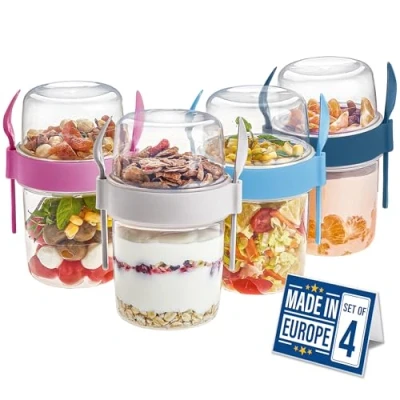 Image of CRYSTALIA Take and Go Yoghurt Pot Set 4 BPA Free Yogurt With Spoon &amp; Fork, Overnight Oats, Dishwasher Safe, Breakfast To Muesli Fruit Salad Cups Lids Jar Porridge Container