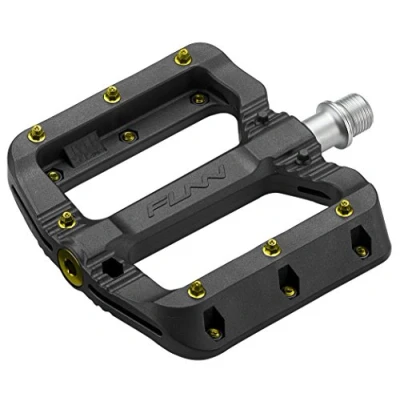 Image of Funn Black Magic Plastic Flat Mountain Bike Pedal Set Lightweight Wide Platform Bicycle Pedals for Stability, 9/16 inch CrMo Axle MTB/BMX/Urban/Gravel Riding (Gold Pins)