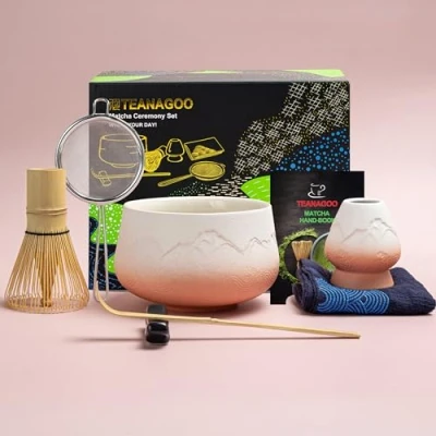 Image of TEANAGOO Japanese Matcha Set (7pcs) Whisk Mtacha Kit Bowl Bamboo (Chasen) Scoop (chashaku) Holder. N25, Gradient Pink White,