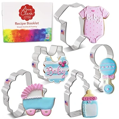 Image of Baby Shower Cookie Cutters 5 Pc. Set Made in The USA by Ann Clark, Onesie, Bib, Rattle, Bottle, Carriage