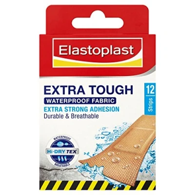 Image of Elastoplast Extra Tough Waterproof Fabric Plaster Strips 1 Pack (12 Plasters Per Pack) and Durable Plasters, Breathable Strong Adhesion, Technology, Tan