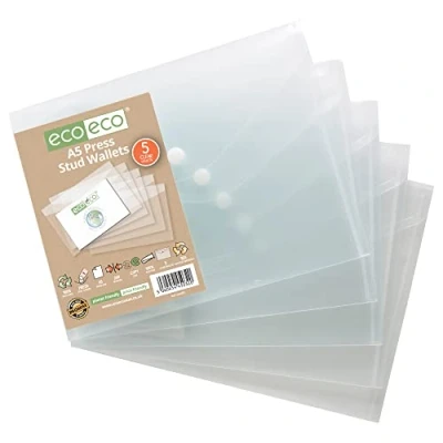 Image of eco A5 50% Recycled Clear Transparent Press Stud Popper Wallet, Plastic Folders (Pack of 5), eco032