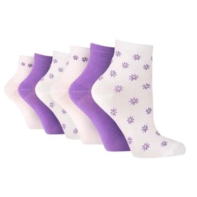 Image of SockShop 6 Pairs Wildfeet Ladies Bamboo Mid Length Ankle Socks (UK, Numeric, 4, 8, Regular, x White/Purple FLOWERS)