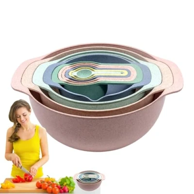 Image of Fukamou Nesting Mixing Bowls Measuring Cups Sifter Colander Ergonomic Colorful Serving Bowls, Bowl Set, Multifunctional Kitchen Accessories for Mixing, Prepping, Baking