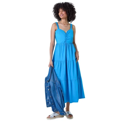 Image of Roman Originals Cotton Strappy Tiered Midi Dress for Women UK Ladies Everyday Holiday Spring Summer V Neckline Comfy Soft Evening Vacation Work Party Turquoise Size 18