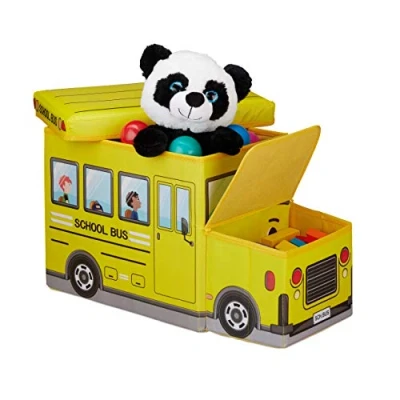 Image of Children&#039;s Storage Ottoman, Lidded Toy Box, Folding, Boys &amp; Girls, School Bus Design, 50 Litres, Yellow Relaxdays
