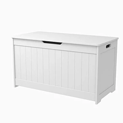 Image of White Wooden Large Children Kids Storage Bench Toy Chest Space Box Ottoman Foot Rest Seat for Bedroom and Living Room, 80.2 x 40 44.5
