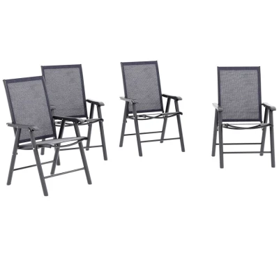 Image of Outsunny Set of 4 Folding Garden Chairs, Metal Frame Chairs Outdoor Patio Park Dining Seat with Breathable Mesh Seat, Charcoal Grey