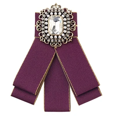Image of Elerevyo Fashion Rhinestone Pre Tied Ribbon Brooch Bow Tie Pin Collar for Women Red One Size