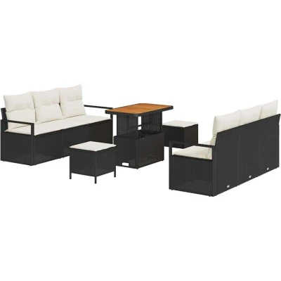 Image of vidaXL 9 Piece Garden Sofa Set with Cushions Black Poly Rattan Acacia