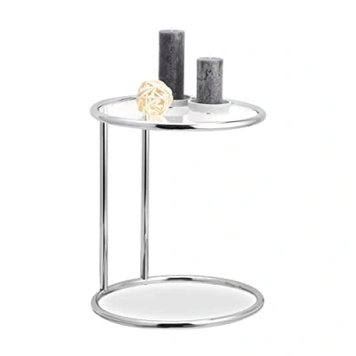 Image of Relaxdays Round Side Table, Metal Frame, Glass Tabletop, Living Room, Decorative, Designer Stand, HxD 53 x 45 cm, Silver