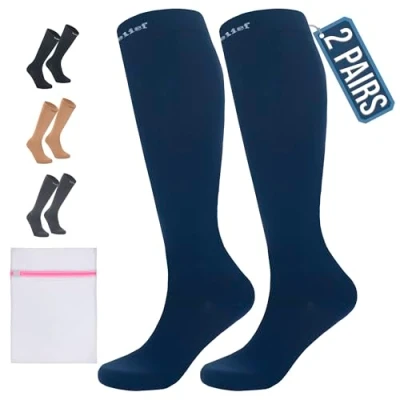 Image of 360 RELIEF 2 Pairs Flight Compression Socks for Women &amp; Men, Comfortable Travel, Circulation Leg Relief, Pregnancy Support, XXL, Blue + Laundry Bag