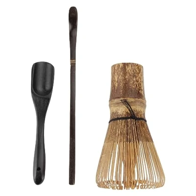 Image of BambooMN Matcha Whisk Set Black Chasen (Tea Whisk) + Chashaku (Hooked Bamboo Scoop) Deep Scoop 1