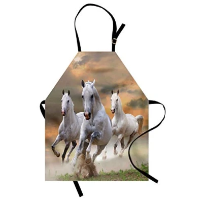 Image of ABAKUHAUS Horses Apron, Mystical Sky, Unisex Kitchen Bib Apron with Adjustable Neck for Cooking Baking Gardening, White Orange