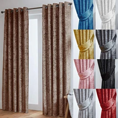Image of John Aird Crushed Velvet Fully Lined Eyelet Curtains (Mocha, Cream, 90&quot; Wide x 108&quot; Drop)
