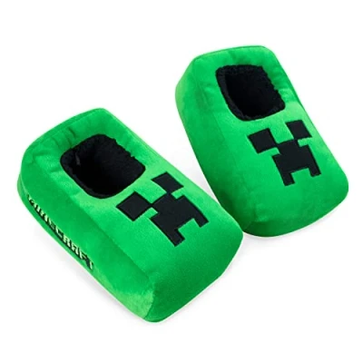 Image of Minecraft Boys Slippers, Cosy Creeper Indoor House Shoes Gamer Gifts for (Green/Black, 1.5/2.5 UK)