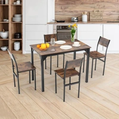 Image of WestWood 4 Person Wooden Dining Table Set Compact Space Saving Kitchen with Chairs for Room Bistro Cafe or Living Sturdy Brown WW DS20