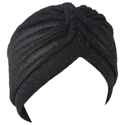 Image of Shimmer Stretch Turban Cap Beanie Headband Hair Accessory Wrap Hat Hijab Plain Glitter Chemo (Black)