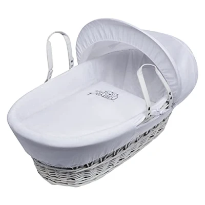 Image of ELEGANT BABY Sleepy Owl White Wicker Moses Basket with Full Bedding Set, Adjustable Hood, Fibre Mattress &amp; Padded Liner