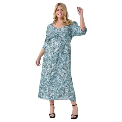 Image of Roman Originals Tea Dress for Women UK Ladies Skater Swing Fit &amp; Flare Flattering Summer Knee Length Floral Print Frill Hem Ruched Chest Casual Smart Cocktail Party Going Out Teal Plus Size 18