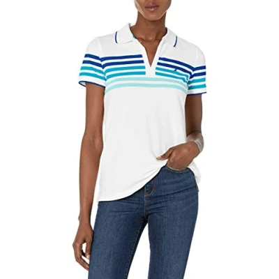 Image of Nautica Women&#039;s Classic Fit Striped V Neck Collar Stretch Cotton Polo Shirt, Bright Cobalt, Medium