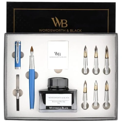 Image of Wordsworth &amp; Black Calligraphy Pen Gift Set, Includes Ink Bottle, 6 Cartridges, Refill Converter, Replacement Nibs, Premium Package, Journaling, Smooth Writing Pens [Blue Chrome]