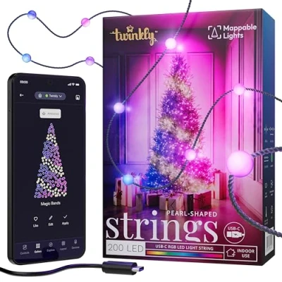 Image of Twinkly Strings USB C Pearls 200 LED, Pearl Shaped LED Light String, Christmas Lights, RGB Multicolor Mappable LEDs, Compatible with Alexa, Google Home, Power, Green Wire, 12m