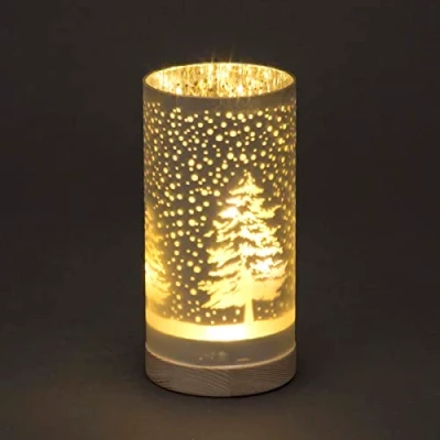 Image of SHATCHI 20cm Christmas Decorated Vase Table Lamp Etched Glass Tube Forest Snowfall Scene Silver Cylinder LED Fairy Lights Battery Operated