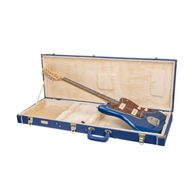 Image of Crossrock Designer Series Wooden Case for Jazzmaster/Jaguar Style Electric Guitars Security Lock, Metal Feet, Storage Space Vibrant Blue(CRW520JMVB)