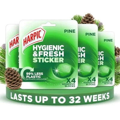 Image of Harpic Hygienic Fresh Sticker Adhesive Toilet Block, Pine, Pack 4 x Stickers, Freshener, No Plastic Applicator, Up to 32 weeks of Freshness